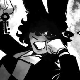 An icon of Vigil smiling and resting their cheek on their hand, while holding up a key.